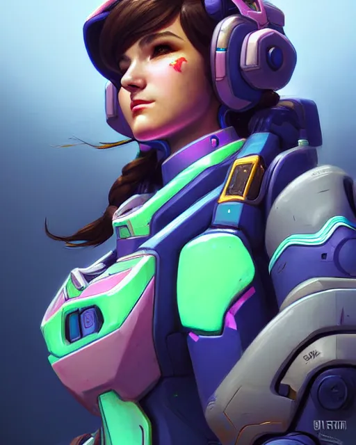 Prompt: d. va from overwatch, character portrait, portrait, close up, concept art, intricate details, highly detailed in the style of chris foss and rodger dean