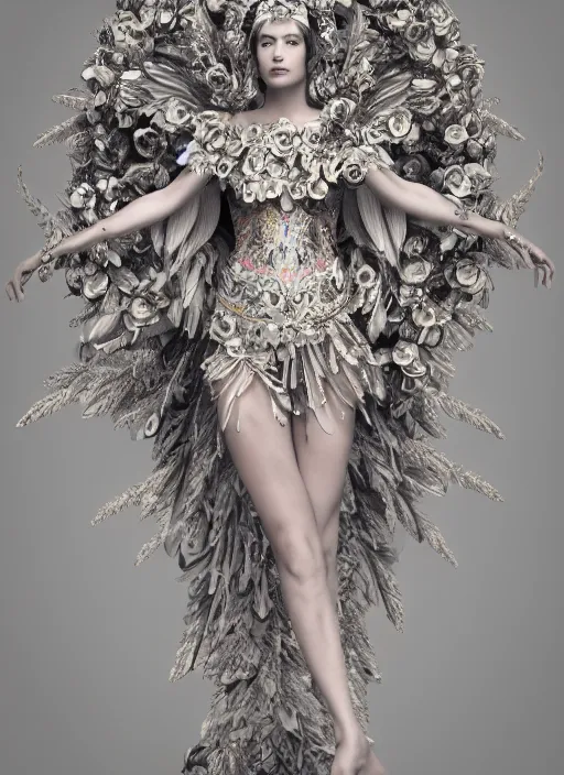 Image similar to full body environmental portrait photo of a goddess as angel, ornate headpiece made from flowers, ornaments, glamour shot by gemmy woud - binnendijk, chris knight, photorealistic, canon r 3, fashion photography, ornate, symmetrical features, octane render, unreal engine, solid dark grey background, clamp shell lighting, rim lighting