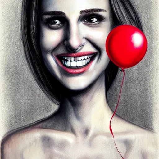 Prompt: surrealism grunge cartoon portrait sketch of natalie portman with a wide smile and a red balloon by - michael karcz, loony toons style, homer simpson style style, horror theme, detailed, elegant, intricate