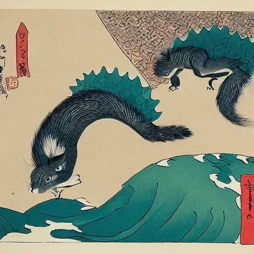 Prompt: squirrels posing, style of Hokusai,