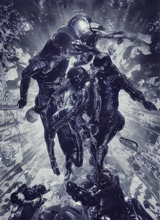 Image similar to astronauts in dark and empty void underwater - complex and hyperdetailed technical suit. reflection and dispersion materials. rays and dispersion of light. volumetric light. 5 0 mm, f / 3 2. noise film photo. flash photography. ultra realistic, wide angle. poster by wayne barlowe, hajime sorayama aaron horkey, craig mullins