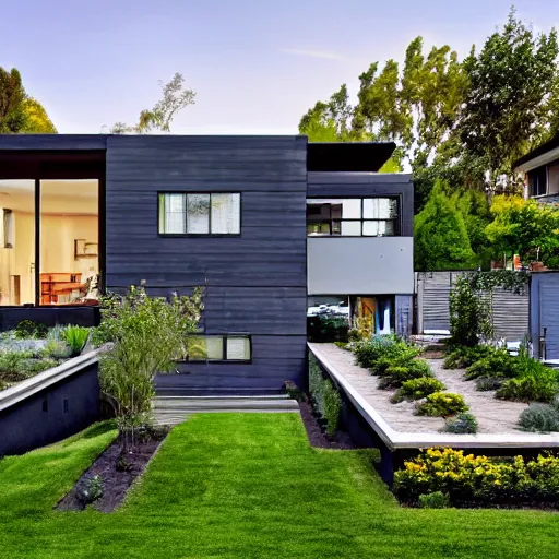 Image similar to wide angle shot of an idyllic suburban neighborhood with rooftop gardens and sustainable energy initiatives, lots of beautiful modern single family homes :: modern architecture