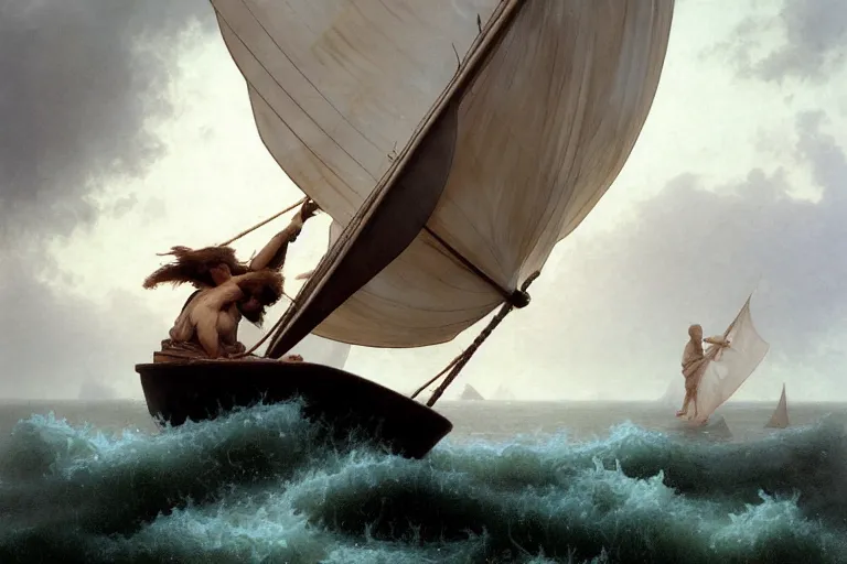 Image similar to ancient historically accurate depiction of Bible Character walking on water during a storm, a small fishing sailboat with scared sailors on board, dramatic lighting by frank miller, illustration by Ruan Jia and Mandy Jurgens and William-Adolphe Bouguereau, Artgerm, 4k, digital art, surreal, space dandy style, highly detailed, godsend, artstation, digital painting, concept art, smooth, sharp focus, illustration by Ruan Jia and Mandy Jurgens and William-Adolphe Bouguereau, Artgerm