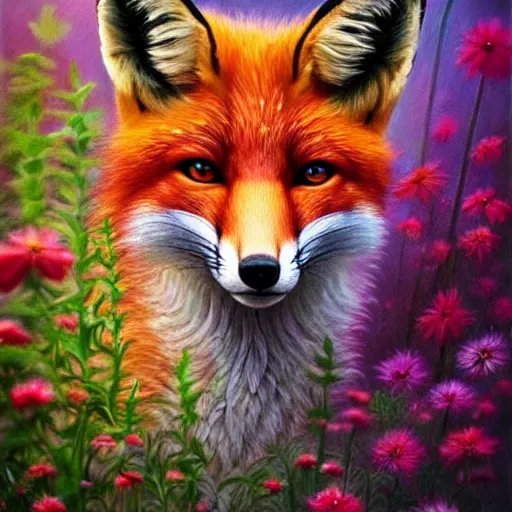 Image similar to portrait of a fox made of flowers, fantasy art, trending on artstation, beautiful art, intricate, elegant, highly detailed, digital painting