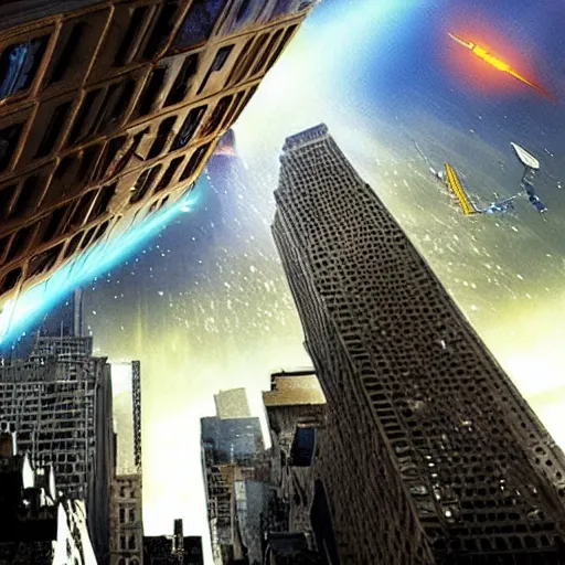 Image similar to Starship falling from tje sky on New York city, still from latest Michael Bay sci-fi movie