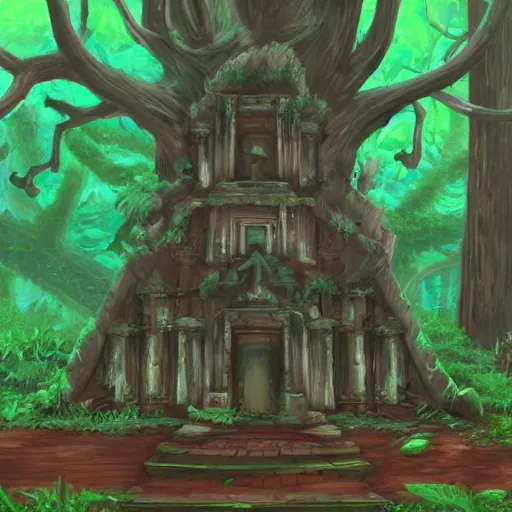 Prompt: a forgotten forest temple