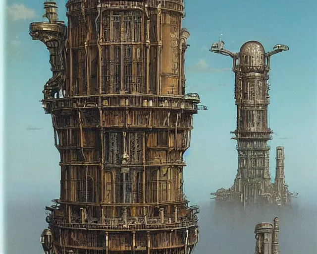 Image similar to steampunk tower by ralph mcquarrie and frank lloyd frank lloyd and bruce pennington and ted nasmith