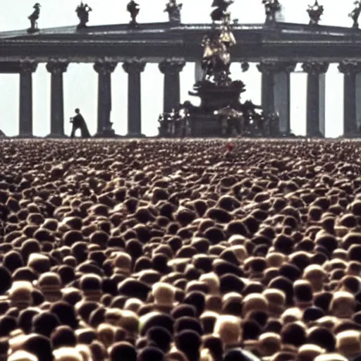 Image similar to still of emmanuel macron clones, invading place de la concorde, in american psycho ( 1 9 9 9 ), sunset