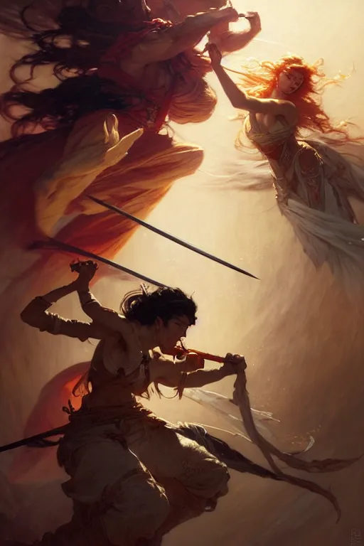 Image similar to An epic fight moment between one demon slayer with one female skilled samourai in style of by gaston bussiere, and craig mullins and greg rutkowski and alphonse mucha, concept art world, stunning moment and pose, cinematic lighting, dynamic