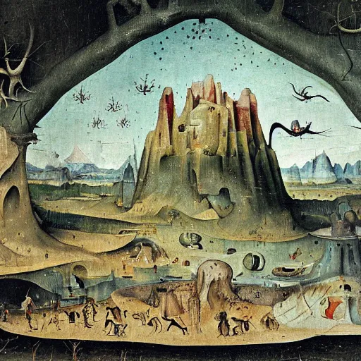 Prompt: intricate, detailed painting of Caelid landscape and its monsters by Hieronymous Bosch, concept art, illustration