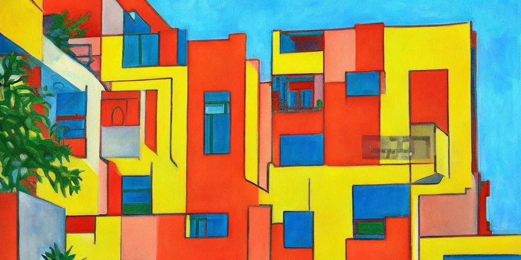 Prompt: colorful painting of tel aviv bauhaus architecture in the style of henri matisse