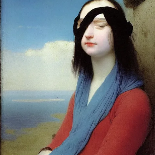 Image similar to a young woman’s face, her hair is white, her eyes are covered with a flowing blue satin blindfold, by ivan aivazovsky and alma tadema and and willen claesz heda and aelbert cuyp and gerard ter borch