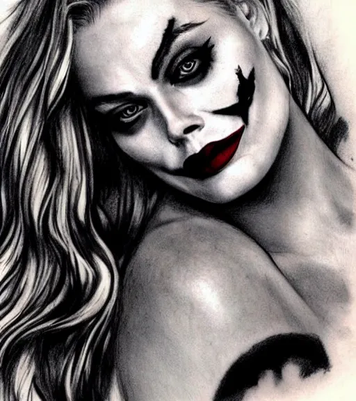 Prompt: tattoo design sketch of beautiful margot robbie portrait with joker makeup, in the style of den yakovlev, realistic face, faded, black and white, realism tattoo, hyper realistic, highly detailed, faded drawing