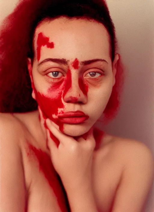 Prompt: close-up, color film photography, portrait of woman with vitiligo, in style of nan goldin, red soft light, 35mm, film photo