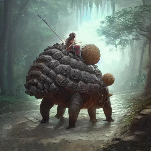 Image similar to yanonami riding a glyptodon, greg rutkowski, fantasy, intricate, elegant, highly detailed, digital painting, artstation, concept art, long shot, cinematic lighting