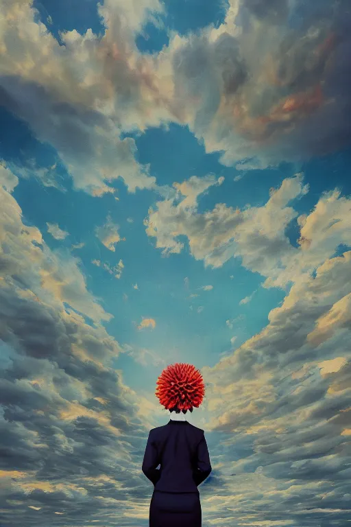 Image similar to closeup giant dahlia flower head, girl in a suit on a street, surreal photography, blue sky, sunrise, dramatic light, impressionist painting, digital painting, artstation, simon stalenhag