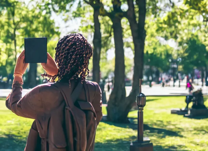 Image similar to photo still of a bronze statue of a woman using an iphone to take a selfie in a park on a bright sunny day, 8 k 8 5 mm f 1 6