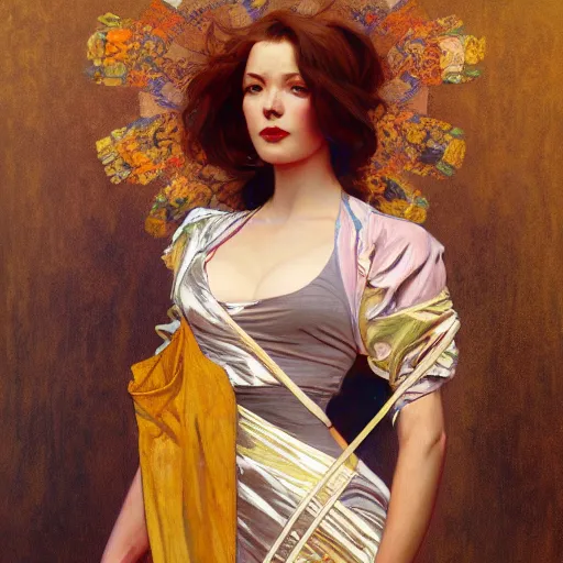 Image similar to modern woman | hyper realistic | action pose | digital painting | trending on artstation | pinup portrait | clean | illustration | dressed | Unreal Engine 5 | 8k resolution | by Greg Rutkowski Alphonse Mucha Gustav Klimt and Mel Ramos
