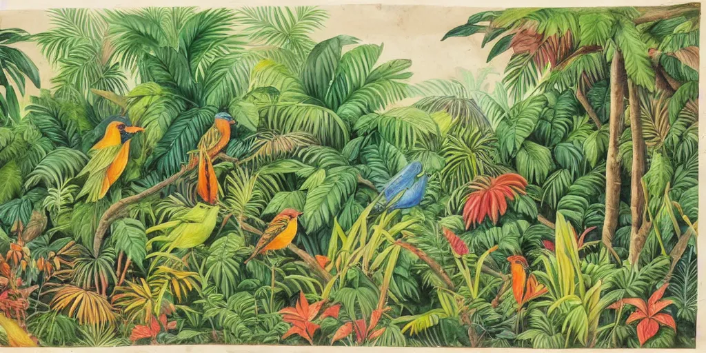 Image similar to watercolour of a tropical scenery of a jungle with multicoloured birds and plants. detailed. beautiful. stunning. high art. h 7 6 8