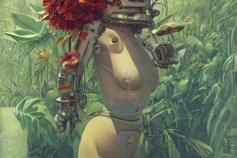 Image similar to evangelionic illustration, gigantic girl head, a lot of exotic vegetation, trees, tremendous pleasure robot, flowers, oldschool vintage sci - fi flat surreal design, super - detailed, oil painting by moebius, hd, 4 k, high quality