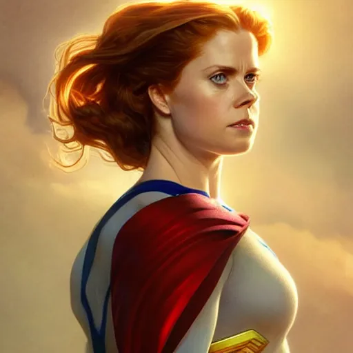 Image similar to beautiful Amy Adams as Superman, western, closeup, D&D, fantasy, intricate, elegant, highly detailed, digital painting, artstation, concept art, matte, sharp focus, illustration, art by Artgerm and Greg Rutkowski and Alphonse Mucha