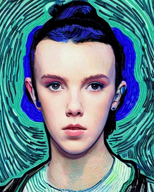 Image similar to portrait of cyberpunk millie bobby brown by vincent van gogh, digital art