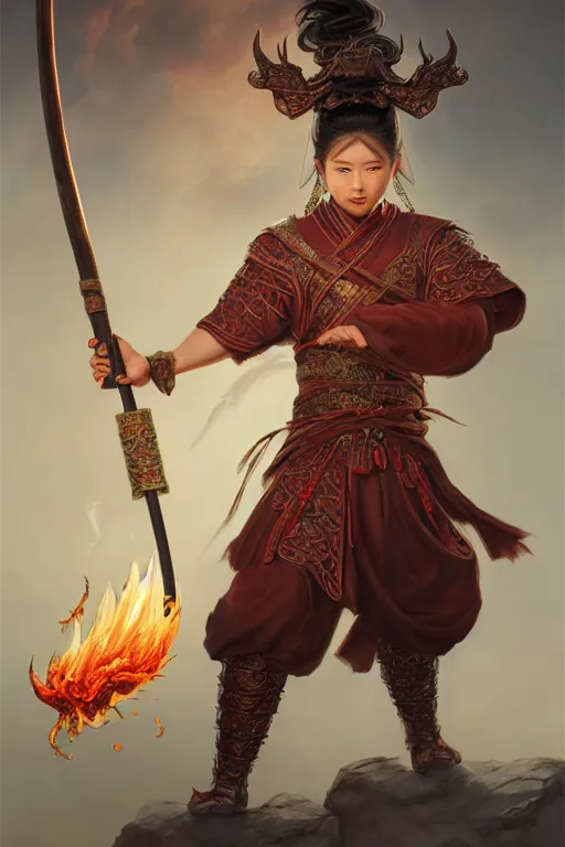 Image similar to charming nezha, highly detailed, man holding spear, flame everywhere, epic pose, masterpiece chinese fantasy character portrait, highly detailed, digital painting, trending on artstation, concept art, sharp focus, illustration, global illumination, ray tracing, realistic shaded, art by artgerm and greg rutkowski and fuji choko and viktoria gavrilenko and hoang lap