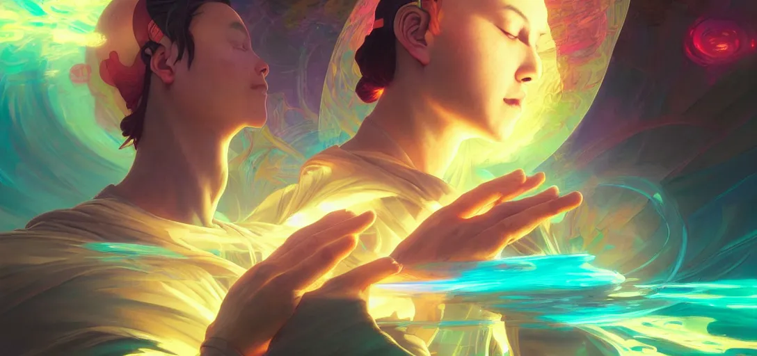 Image similar to a floating monk praying, channeling swirling energy, wearing netrunner clothing, vaporwave aesthetic, colorful, psychedelic, digital painting, artstation, concept art, smooth, sharp focus, illustration, art by artgerm and greg rutkowski and alphonse mucha