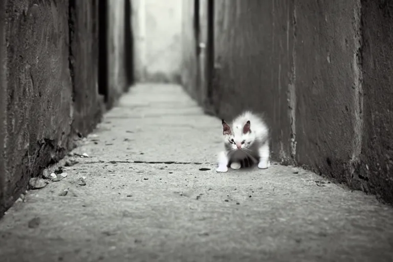 Prompt: a sad kitten in the corner of a dark alley