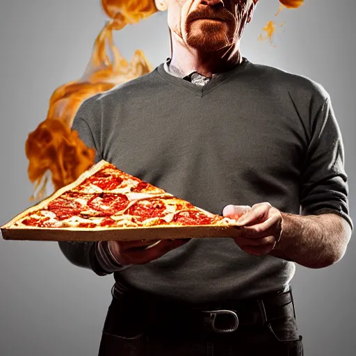 Image similar to walter white eating pizza, photography,