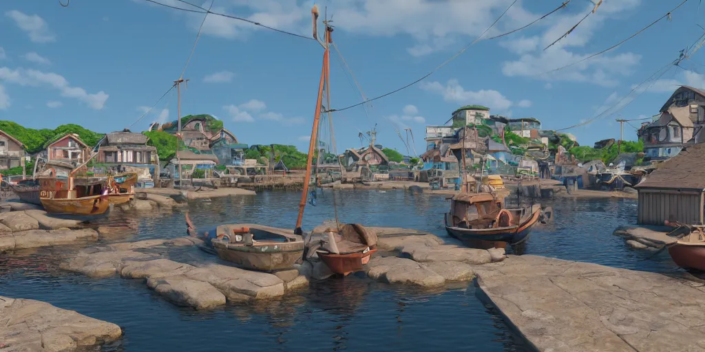 Prompt: a film still of fishing harbour in a small seaside village, medium shot, waist up, studio Ghibli, Pixar and Disney animation, sharp, Rendered in Unreal Engine 5, Bloom, dramatic lighting