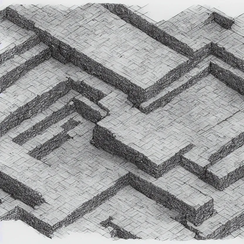 Prompt: isometric view of the outside of a cave, lineart