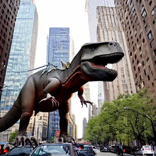 Image similar to a dinosaur lost in manhattan