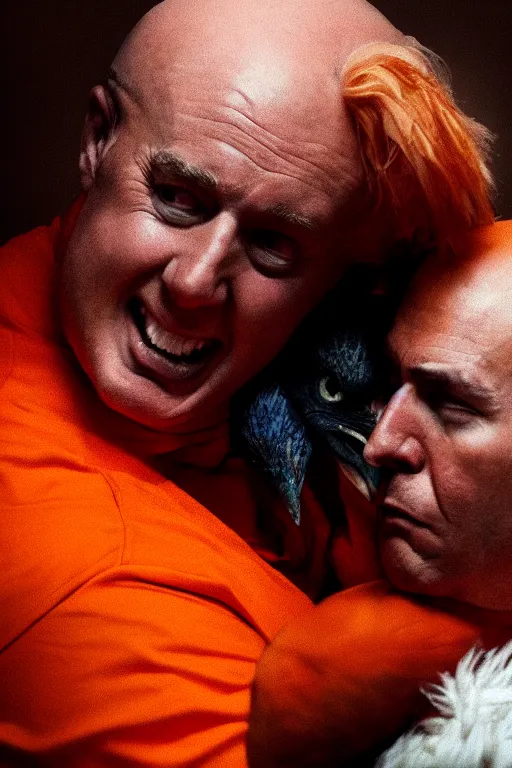 Prompt: Close-up portrait of Donald Trump in jail wearing orange clothes with an American bald eagle attacking him, octane, dramatic lighting, editorial photo, 35mm, very detailed