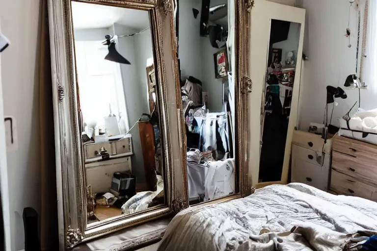 Prompt: a messy bedroom with several tall mirrors, well lit, studio photo