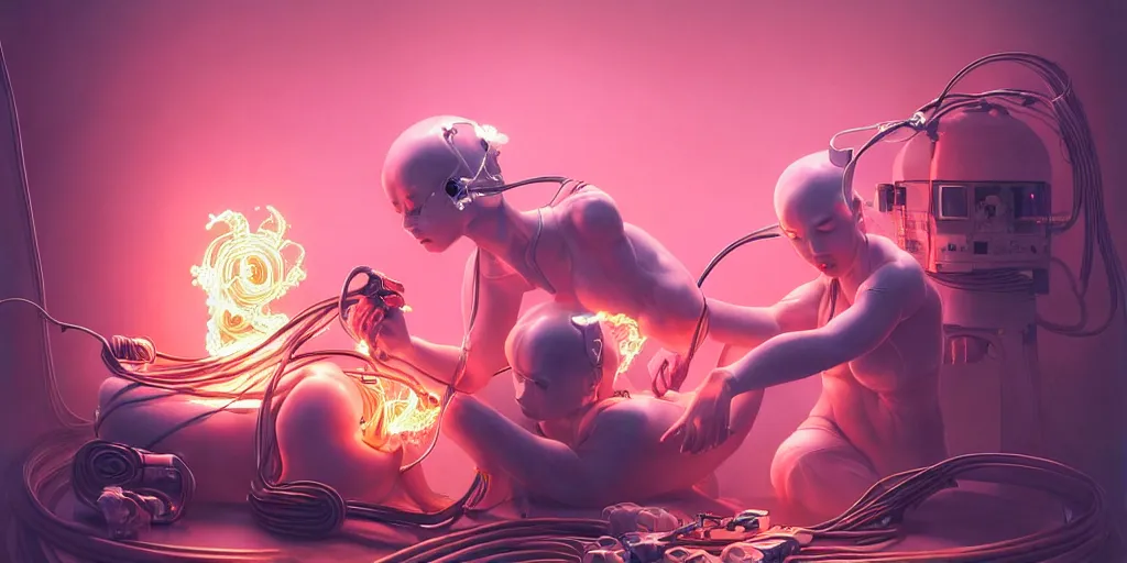 Prompt: hyperrealistic photography of a gorgeous android assisting a flaming birthing machine with thick pink cables in the style of Jin Kagetsu, James Jean and wlop, highly detailed, masterpiece, award-winning, sharp focus, intricate concept art, ambient lighting, 8k, artstation