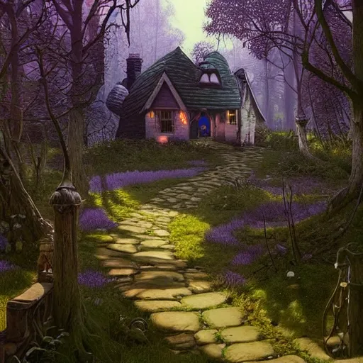 Image similar to hyper realistic homely ornate modern witch cottage distant down a path in the purple swamp gorgeous lighting, blue sky, highly detailed, lush forest by zdzisław beksinski and norman rockwell and greg rutkowskiweta studio, and lucasfilm