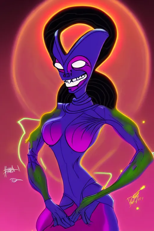 Image similar to queen toxique, an alien supervillainess with mutagenic powers, glowing energy effects, full color digital painting in the style of don bluth, jamie hewlett, artgerm, artstation trending, 8 0 s vibes