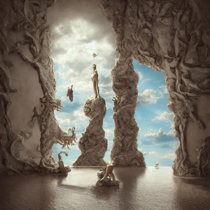 Image similar to hyperrealistic random objects in a surreal minimalistic dreamscape environment by salvador dali, enormous melting mannequin head statue, highly detailed, 3 d render, beautiful clouds, octane, beautiful lighting, photorealistic, intricate, elegant, wayne barlowe, water, mirrors, doorway, beautiful, masterpiece, trending on artstation, artgerm, checkered floor