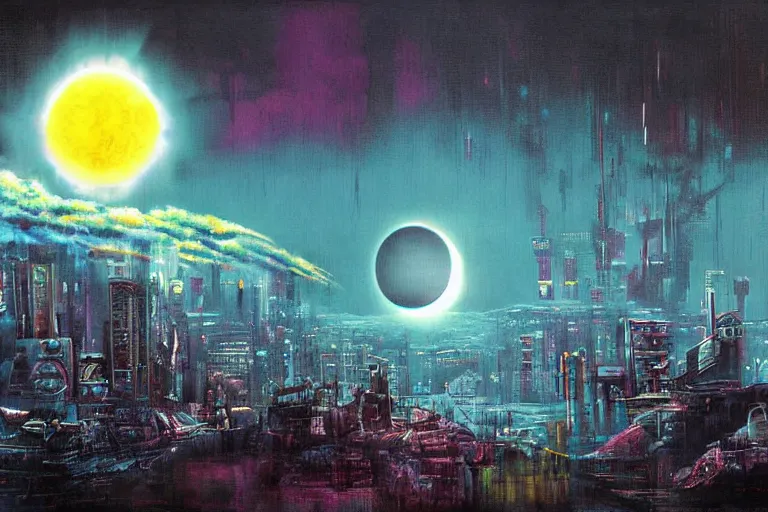 Prompt: Surreal nuclear eclipse blast, cyberpunk, art by Sandra Pelser