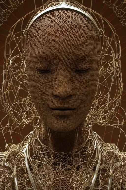 Image similar to a melancholic realistic 8k Sculpture of a complex robotic human face, liquid simulation, dramatic lighting, silver gold red details, hexagonal mesh wire, filigree intricate details, cinematic, fleshy musculature, white blossoms, elegant, octane render, art nouveau, 8k post-processing, intricate artwork by alphonse mucha