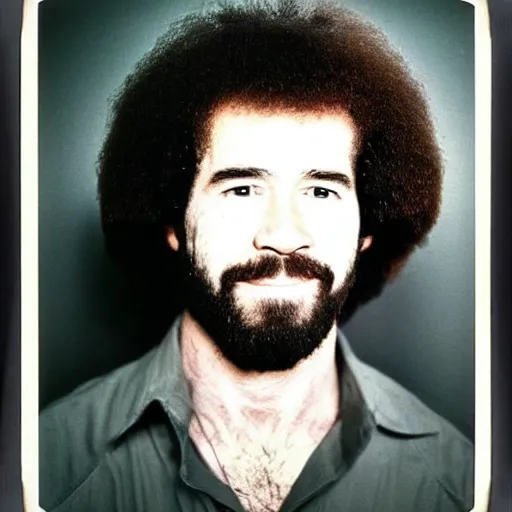 Prompt: Mugshot Portrait of Bob Ross with a buzzcut, taken in the 1970s, photo taken on a 1970s polaroid camera, grainy, real life, hyperrealistic, ultra realistic, realistic, highly detailed, epic, HD quality, 8k resolution, body and headshot, film still, front facing, front view, headshot and bodyshot, detailed face, very detailed face