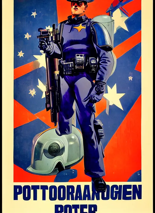 Image similar to american propaganda poster. cyberpunk police trooper. portrait by jean giraud and anton otto fischer and john philip falter and will eisner and gil elvgren. realistic proportions. character art. science fiction d & d. tf 2, overwatch.