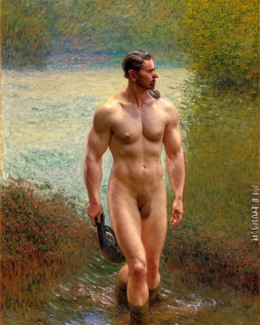 Prompt: muscular soldier wading through a river, long rubber wading boots, sunlight shining on his skin, reflective water, painting by tom of finland, gaston bussiere, craig mullins, j. c. leyendecker, claude monet