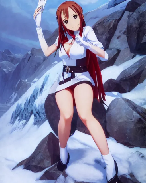 Image similar to pinup photo of asuna from sao in the ice mountains, asuna by a - 1 pictures, by greg rutkowski, gil elvgren, enoch bolles, glossy skin, pearlescent, anime, very coherent, maxim magazine, 3 d, vray, unreal 5, octave rendey, maya, cgsociety, dslr