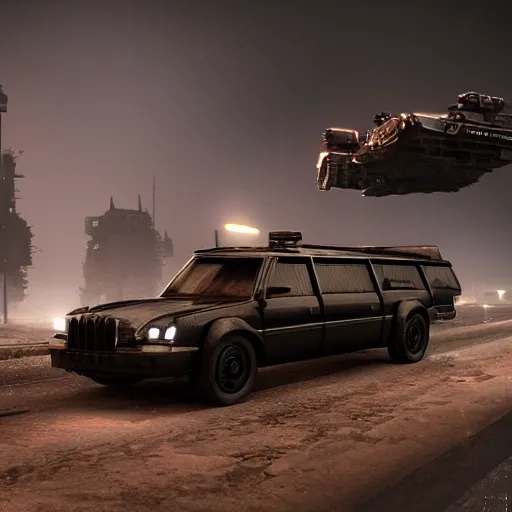 Image similar to armored hearse with machine guns on a dark scary road at night by Paul Chadeisson, atmospherical, high detail, sci-fi, cinematic, Artstation trending, octane render