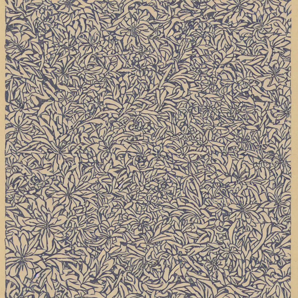 Image similar to optical illusion woodblock print, flowery field stamp pattern