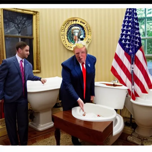 Image similar to donald trump putting peices of paper into a toilet