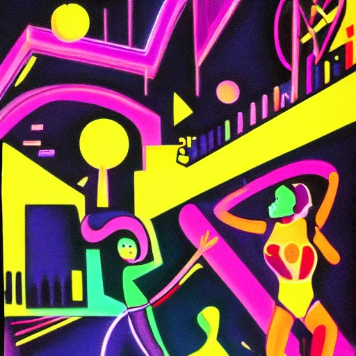 Image similar to scratching disco 1 9 8 0 • s very energetic people, neon splashes, kandinsky, olga sacharoff, portugal immigration nostalgia, vfx, ambient fog, cinematic lightning, soft women aura,