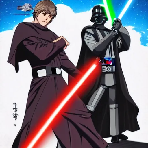 Prompt: Luke Skywalker dueling Darth Vader, Star Wars, anime, art in the style of Koyoharu Gotouge, detailed, high quality